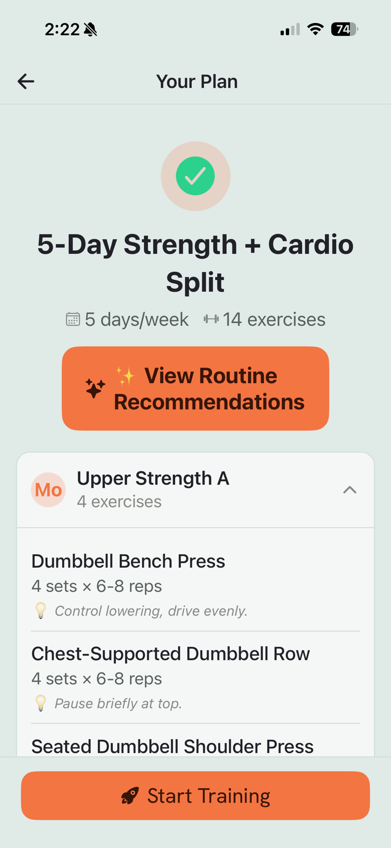 ROUTINE showing a personalized 5-day strength and cardio plan with the first workout ready to start.