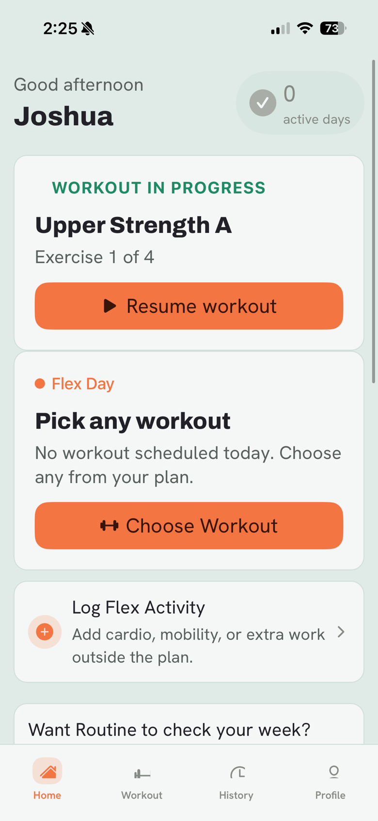 Home screen with today’s session and a resume workout action.