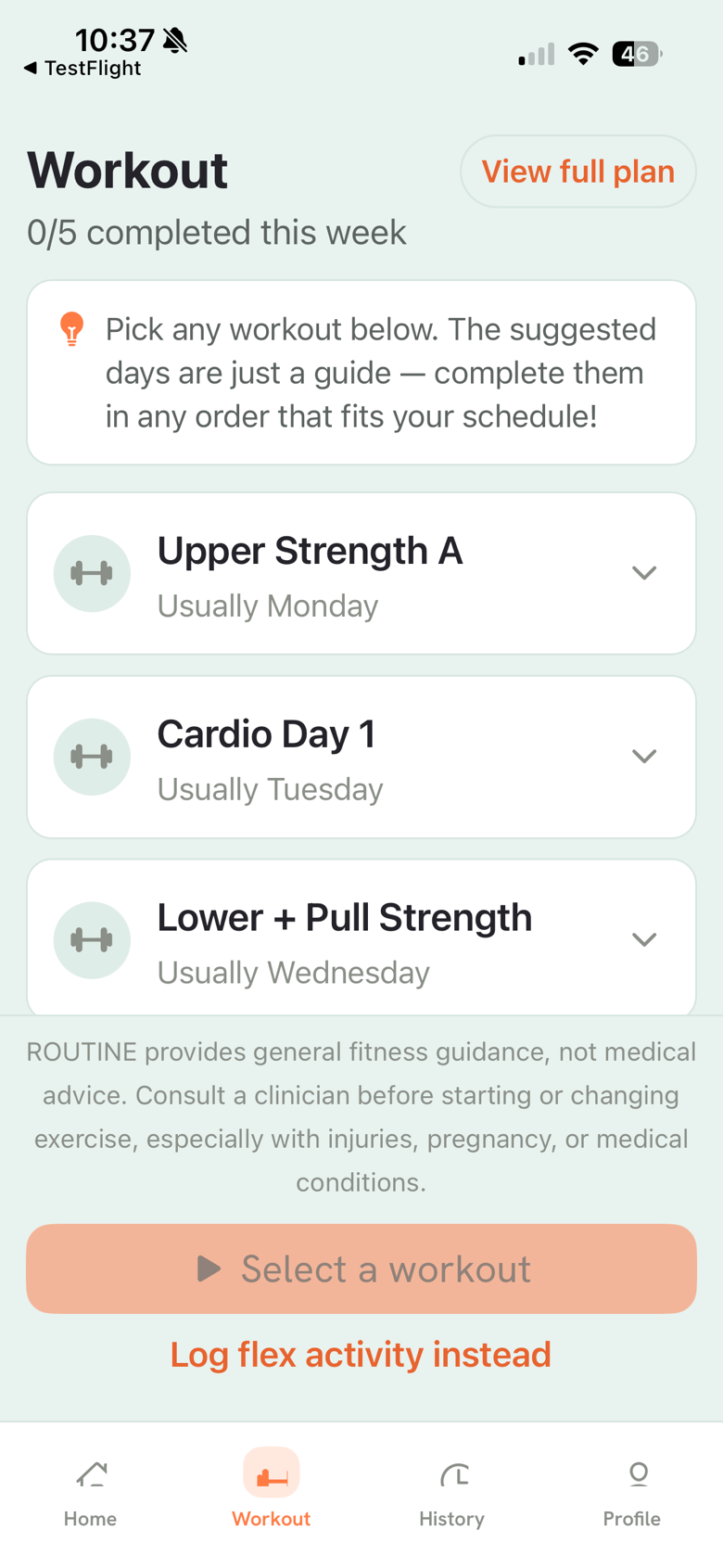 Workout list showing a weekly plan that can be completed in any order.