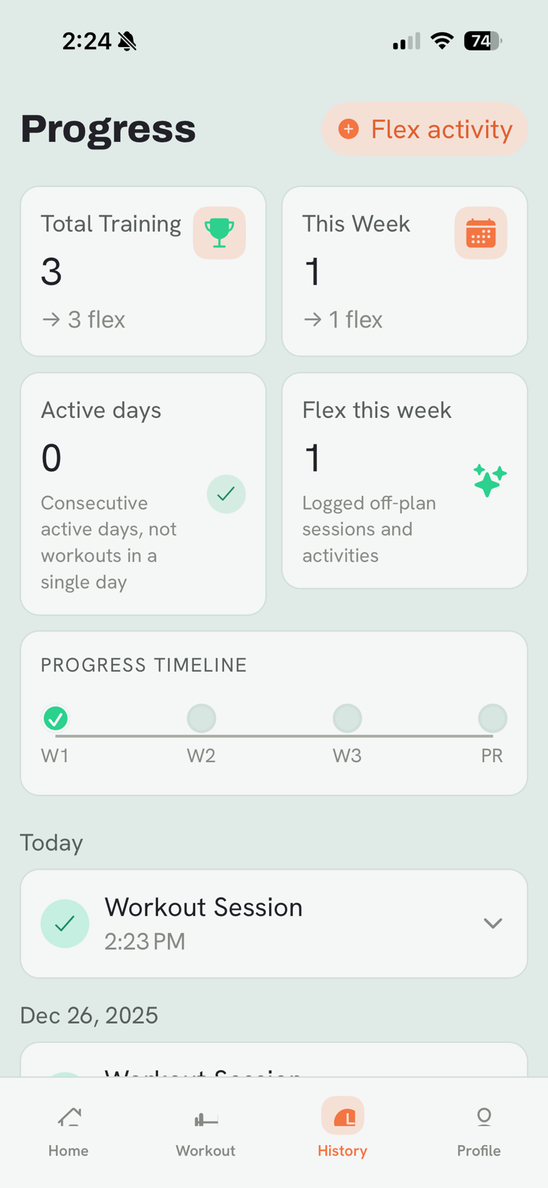 Progress screen with training totals, a timeline, and logged sessions.