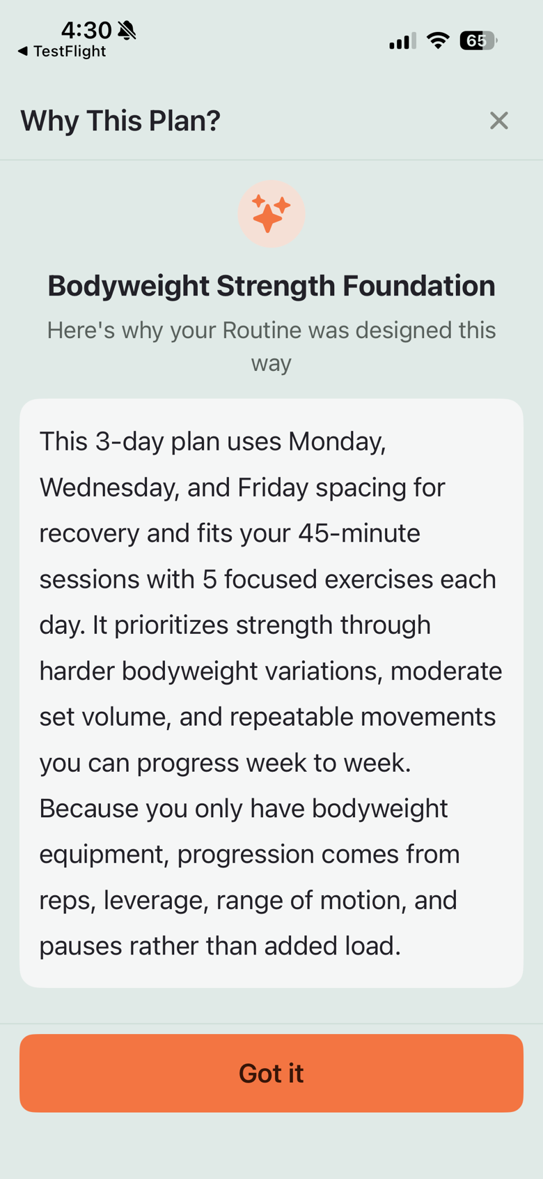 Why This Plan screen explaining why a bodyweight plan was designed this way.